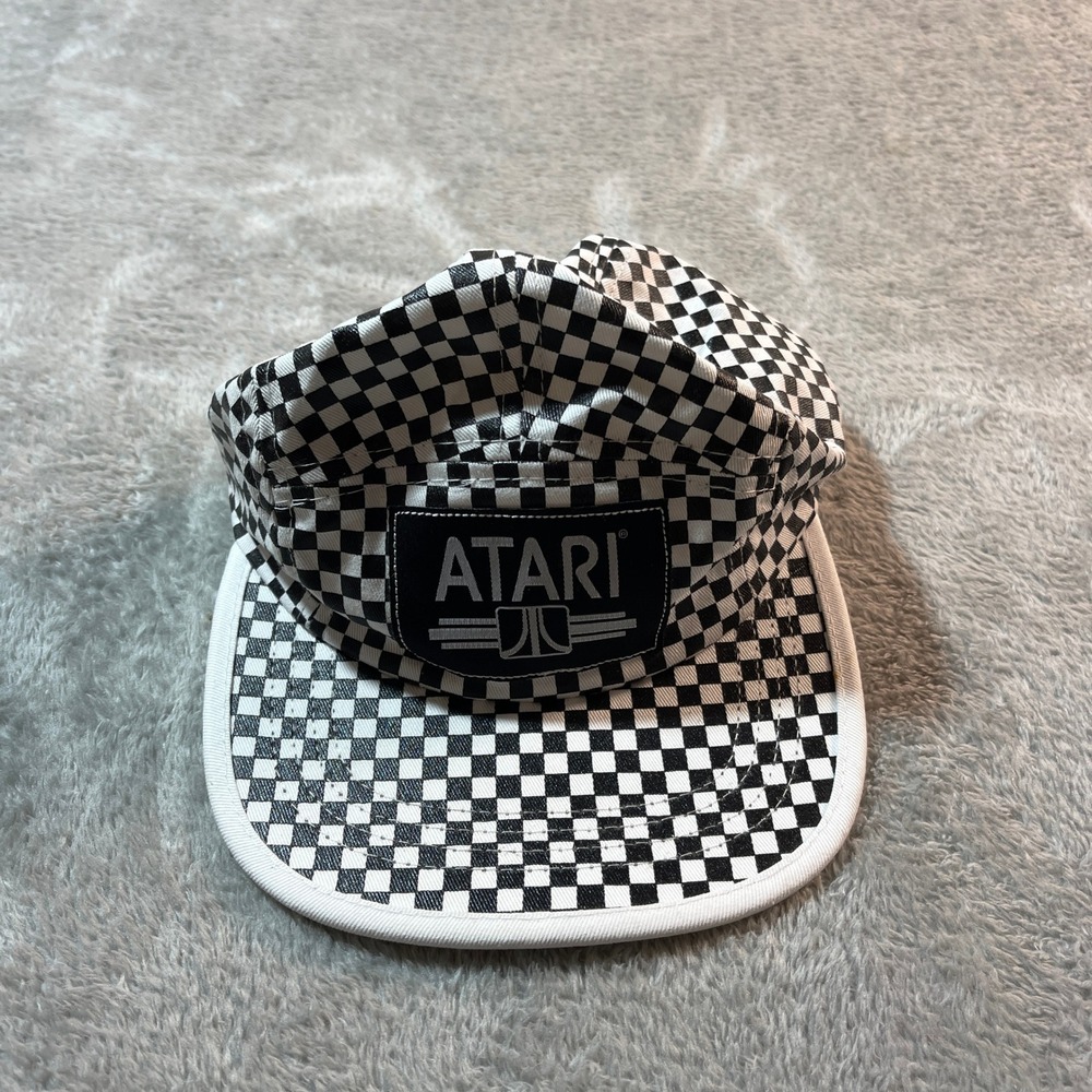 Atari Hat Mens OSFM Black White Checkered 5-Panel Camper Strapback‎ H3 Headwear